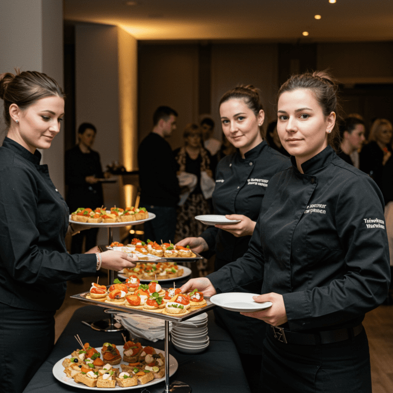 Personal de catering profesional sirviendo comida en un evento.
