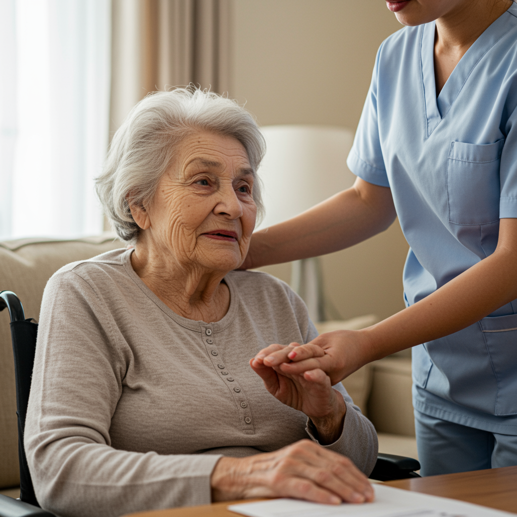 Cuidadora ayudando a persona mayor en su hogar con atención diaria.
