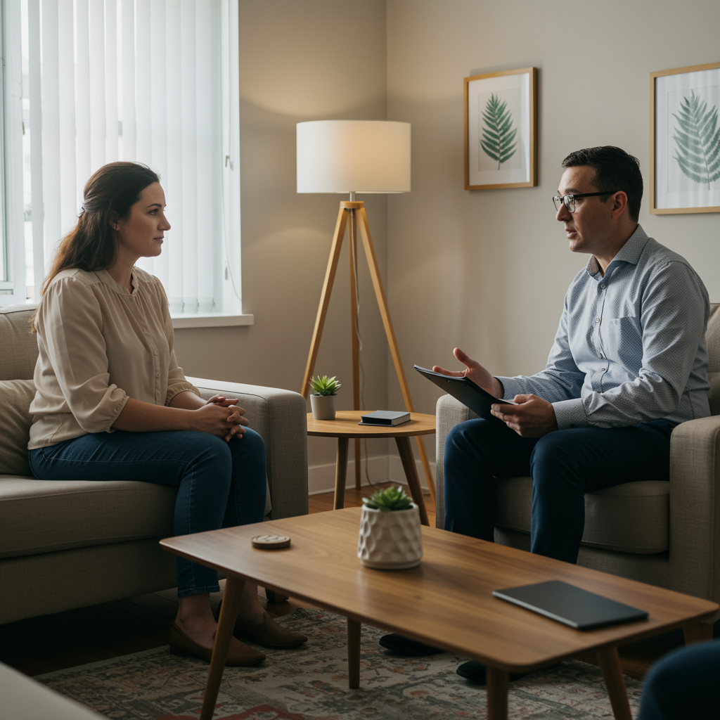 Psicóloga atendiendo a paciente con ansiedad y depresión en consulta.