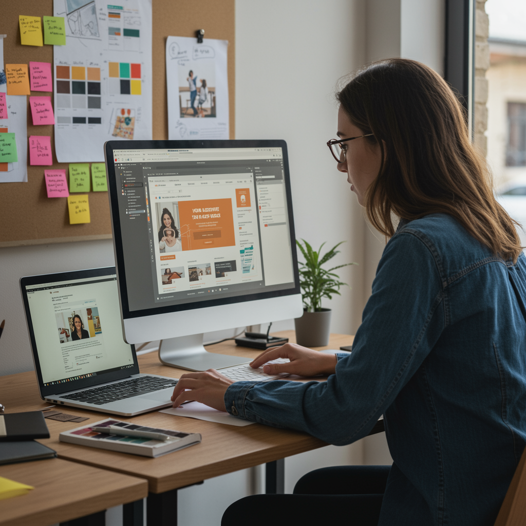 Diseñador web editando una landing de campaña publicitaria en WordPress desde una agencia creativa.