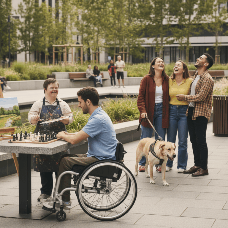 Imagen realista de personas con distintas discapacidades disfrutando de actividades de ocio inclusivas en un ambiente positivo y social.