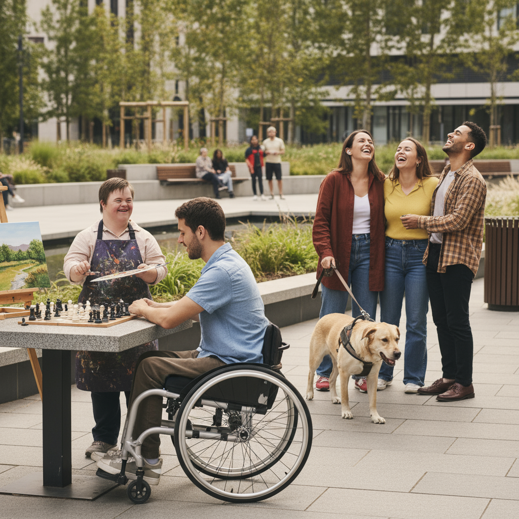 Imagen realista de personas con distintas discapacidades disfrutando de actividades de ocio inclusivas en un ambiente positivo y social.