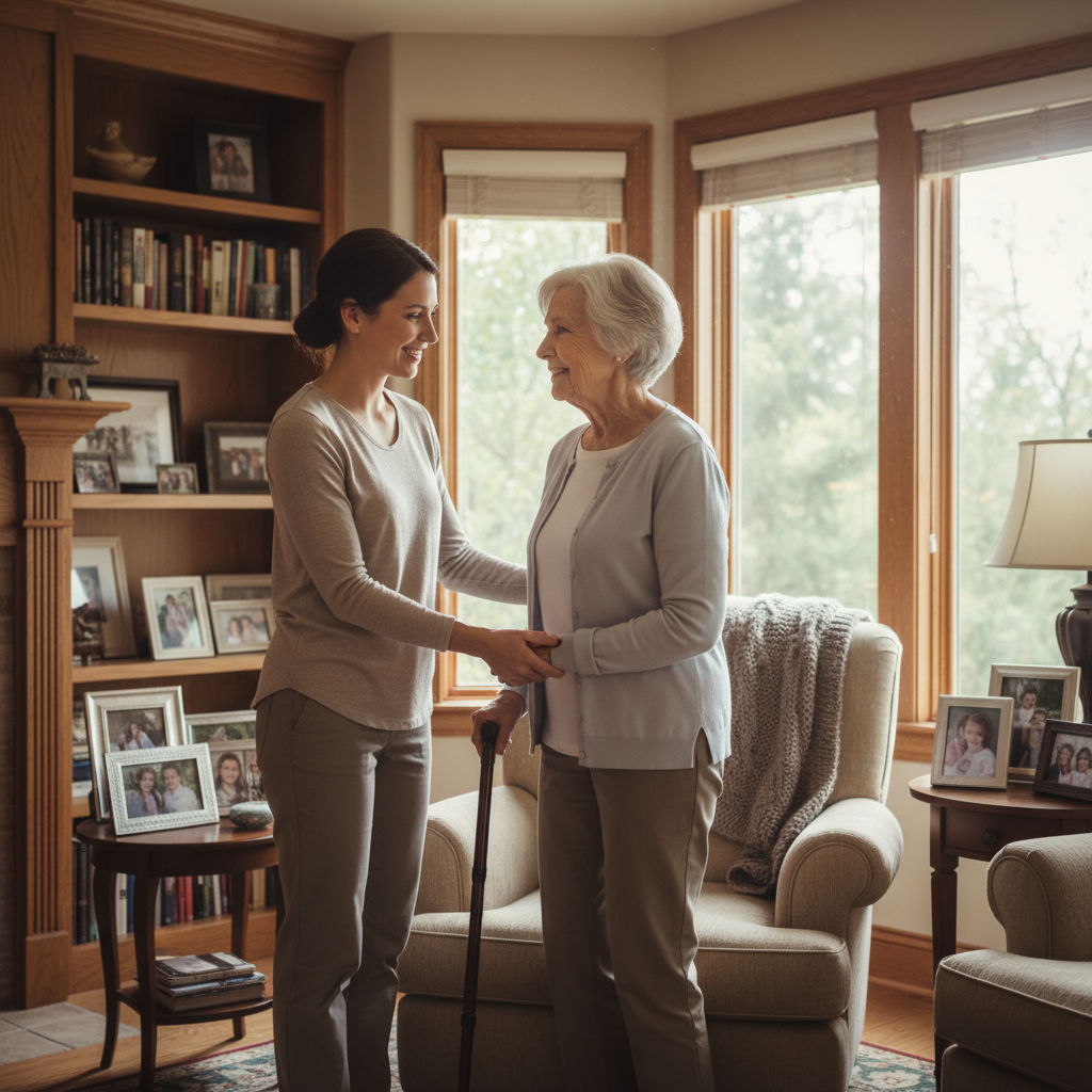 Fotografía realista de la atención domiciliaria a mayores, mostrando empatía, confianza y cuidados personalizados.