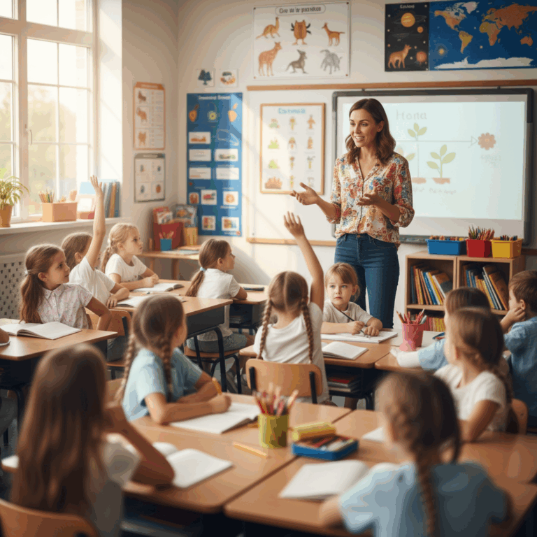 Docente de educación primaria comunicándose de forma expresiva con un grupo de niños y niñas en el aula. Los estudiantes, de entre 6 y 8 años, están sentados en sus pupitres, atentos y participativos. El aula es moderna, luminosa y está decorada con materiales educativos.