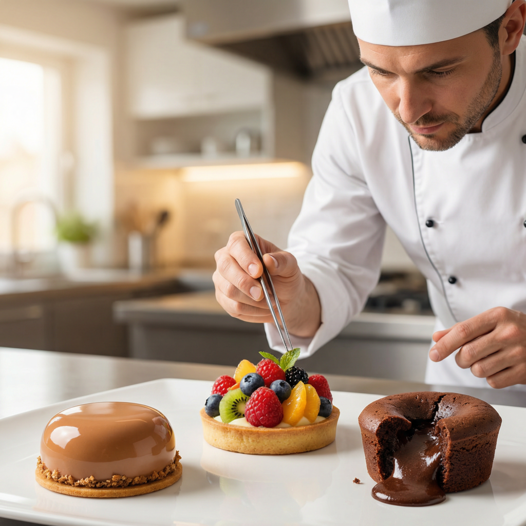 cocinero emplatando postres